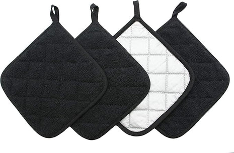 Cotton Pot Holders Cotton Made Machine Washable Heat Resistant Everyday Kitchen Basic Terry Pot Holder, Hot Pads, Trivet for Cooking and Baking Set of 4 (Black)