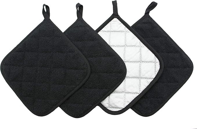 Cotton Pot Holders Cotton Made Machine Washable Heat Resistant Everyday Kitchen Basic Terry Pot Holder, Hot Pads, Trivet for Cooking and Baking Set of 4 (Black)