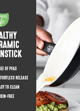 GreenLife 16 Piece Nonstick Cookware Set, Soft Grip Non-Toxic PFAS-Free Ceramic Pots & Pans, Dishwasher & Oven Safe, Frying, Sauce, Utensils, Glass Lids, Stay-Cool Handles, Wobble Free, Black & Cream