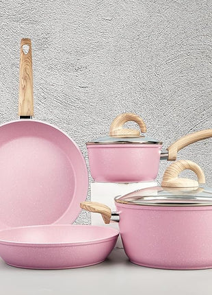 Pink Pots and Pans Set Non Stick, Ceramic Cookware Set with Granite Pattern Kitchen Cooking Sets Induction Pot and Pan w/Frying Pans, Saucepans, Casserole, Non-Toxic, PTFE/PFOA/PFOS-Free