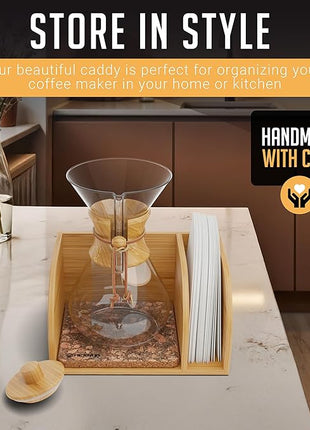 HEXNUB – Caddy and Lid for Pour Over Coffee Maker, Bamboo Stand fits Chemex, Bodum, Cosori Coffee Carafes, Heatproof Mat, Filter Holder for Drip Coffee Maker - Cork Mat