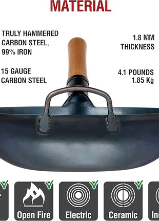 YOSUKATA 13.5” Blue Carbon Steel Wok Pan – Pre-Seasoned Flat Bottom Wok Compatible with open fire, gas, electric, ceramic, induction cooktops -Traditional Chinese Pan for Stir Fry, BBQ, Grill, Camping