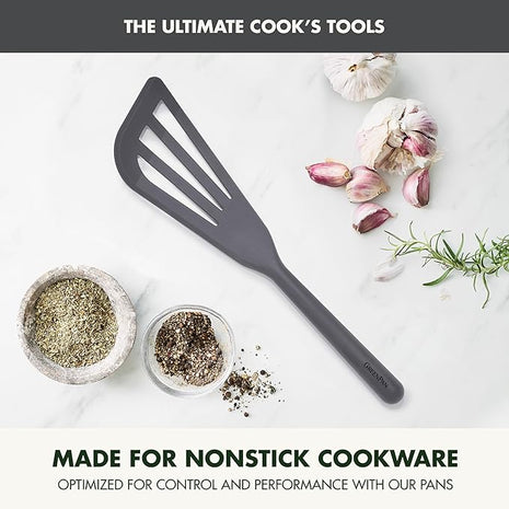 GreenPan Silicone Fish Turner Spatula, Slotted Cooking Kitchen Utensil, Flexible Rubber Nonstick Cookware, Rigid Steel Core, Heat-Resistant, Anti-Slip Handle, BPA-Free, Dishwasher Safe, Gray
