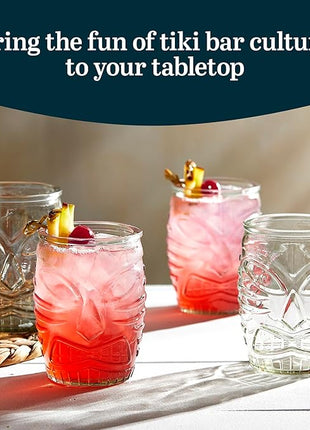 Libbey Tiki Statue Rocks Glasses Set, Iconic Mid Century Short Drinking Glasses Set of 4, Modern Cocktail Drinking Glasses for Backyard Parties