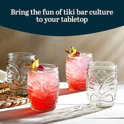 Libbey Tiki Statue Rocks Glasses Set, Iconic Mid Century Short Drinking Glasses Set of 4, Modern Cocktail Drinking Glasses for Backyard Parties