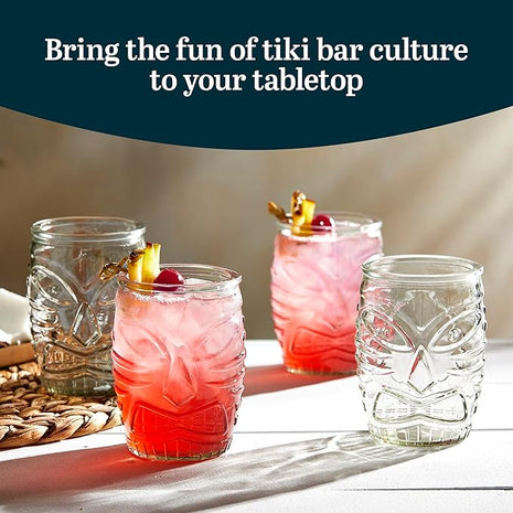 Libbey Tiki Statue Rocks Glasses Set, Iconic Mid Century Short Drinking Glasses Set of 4, Modern Cocktail Drinking Glasses for Backyard Parties