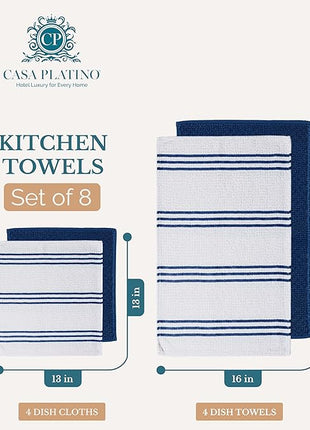 Casa Platino Dish Towels for Drying Dishes and Kitchen Towels and Dishcloths Sets, Cotton Kitchen Towel Set 8 Piece Kit with Mixed Textures, Built for Everyday Wiping, Rinsing, and Spills – Blue