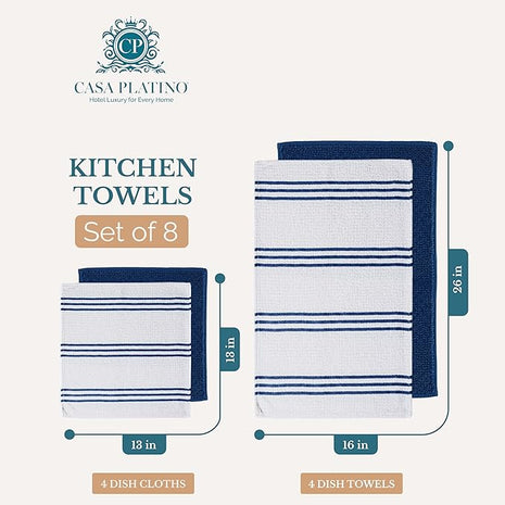 Casa Platino Dish Towels for Drying Dishes and Kitchen Towels and Dishcloths Sets, Cotton Kitchen Towel Set 8 Piece Kit with Mixed Textures, Built for Everyday Wiping, Rinsing, and Spills – Blue