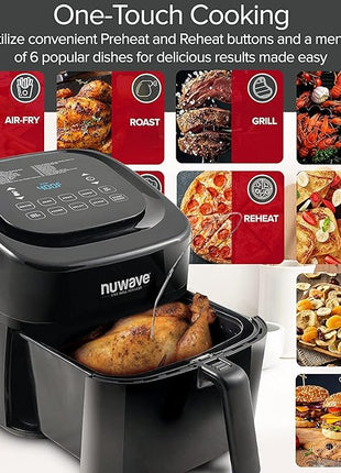Nuwave Brio 6-Quart Healthy Digital Smart Air Fryer with Probe One-Touch Digital Controls, Advanced Cooking Functions, Removable Divider Insert & Grill Pan (NEW ACCESSORY),Black