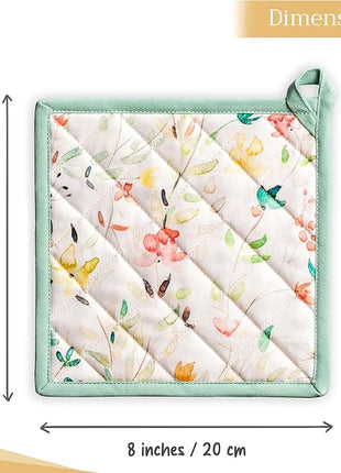 Maison d' Hermine Pot Holders Set 100% Cotton Heat Resistant Potholders 8" x 8" Hot Pads with Loop BBQ, Cooking, Baking, Grilling, Kitchen, Handling Hot Pans Spring/Summer (Pack of 2, Colmar)