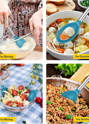 Pack of 2 Large Silicone Cooking Spoons,Non Stick Solid Basting Spoon,Heat-Resistant Kitchen Utensils for Mixing,Serving,Draining,Stirring (BLUE)