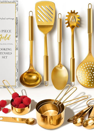 Gold Cooking Utensils with Measuring Cups and Spoons Set - 13-Piece Luxury Gold Kitchen Accessories Includes Metal Measuring Cups and Spoons for Baking, Cooking, and Elegant Kitchen Decor