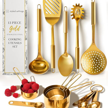 Gold Cooking Utensils with Measuring Cups and Spoons Set - 13-Piece Luxury Gold Kitchen Accessories Includes Metal Measuring Cups and Spoons for Baking, Cooking, and Elegant Kitchen Decor