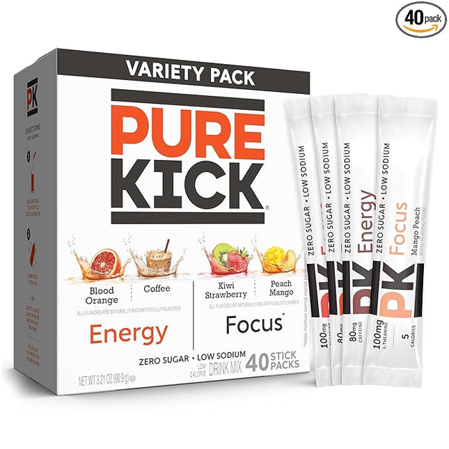 PURE KICK Energy and Focus Singles To Go Drink Mix Variety Pack,Blood Orange, Coffee, Strawberry Kiwi and Peach Mango, 40 Count (Pack - 1)