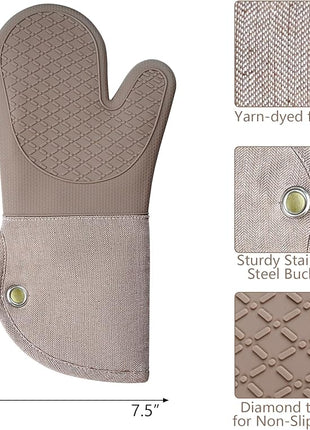 Professional Microwave Silicone Oven Mitts one Pair, Kitchen Mitten Set for Heat Resistant with 500 Degrees, Kitchen Gloves Pot Holder for BBQ Cooking Baking (Khaki)