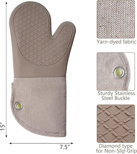 Professional Microwave Silicone Oven Mitts one Pair, Kitchen Mitten Set for Heat Resistant with 500 Degrees, Kitchen Gloves Pot Holder for BBQ Cooking Baking (Khaki)