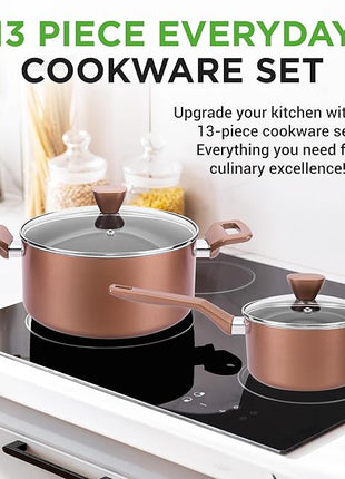 NutriChef 13 Pcs. Nonstick Kitchen Cookware PFOA/PFOS-Free Heat Resistant Kitchenware Set w/Saucepan, Frying Pans, Cooking Pots, Casserole, Lids, & Utensils, Brown, NCCWA13BR