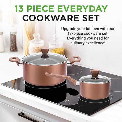 NutriChef 13 Pcs. Nonstick Kitchen Cookware PFOA/PFOS-Free Heat Resistant Kitchenware Set w/Saucepan, Frying Pans, Cooking Pots, Casserole, Lids, & Utensils, Brown, NCCWA13BR