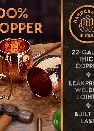 Moscow Mule Mugs - 100% Pure Copper for Drinking Beverages with Moscow Mule Cups Set of 4-16 oz Mugs, 4 Straws, 4 Coasters, Stirring Spoon, Shot Glass, Brush & Pure Copper Cup Gifts for Him