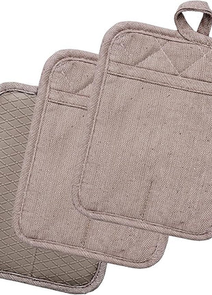 Pot Holders Yarn-Dyed Set of 3 Non Slip Silicone Kitchen Lines Heat Resistant 500℉ Kitchen Gloves BBQ Cooking Baking Cooking Barbecue Microwave Machine Washable (Khaki Pot Holders)