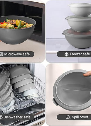 Zulay Kitchen 12 Piece Plastic Nesting Mixing Bowls with Lids - Colorful Microwave & Freezer Safe Gray Ombre Set