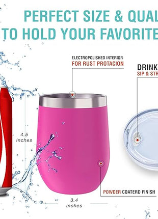 CHILLOUT LIFE 12 oz Stainless Steel Wine Tumbler with Lid - Double Wall Vacuum Insulated Wine Cup Glass Keeping Cold & Hot for Coffee, Champagne, Cocktails, Ice Cream - Powder Coated Pink