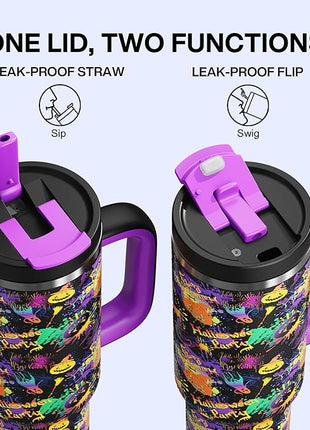 ENCOOL 40 oz Tumbler with Handle and Straw: Stainless Steel Insulated Tumbler Keeps Cold for 24 Hours, Leakproof Travel Cup Fits in Cup Holder and BPA-Free, Meowgic Night