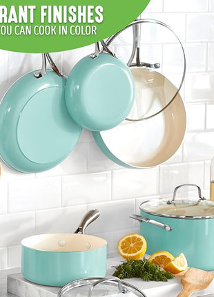 GreenLife Artisan Healthy Ceramic Nonstick, 12 Piece Cookware Pots and Pans Set, Stainless Steel Handle, Induction, PFAS-Free, Dishwasher Safe, Oven Safe, Turquoise
