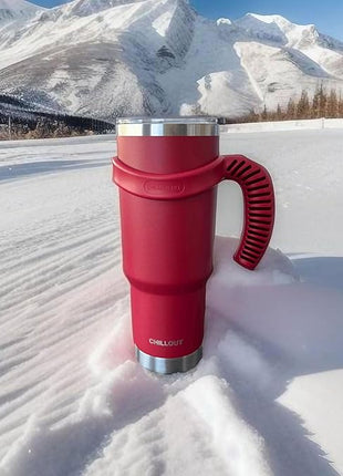 CHILLOUT LIFE Stainless Steel Travel Mug with Handle 40 oz – 6 Piece Set. Tumbler with Handle, Straw, Cleaning Brush & 2 Lids. Double Wall Insulated Large Coffee Mug Bundle - Cherry Red
