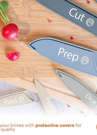MasterChef Kitchen Knife Set with Covers, 6 Professional Chef Knives for Home Kitchens, Extra Sharp Cutting Stainless Steel Blades & Protective Sheaths, Soft-Touch Easy-Grip Handles, Nordic Blues