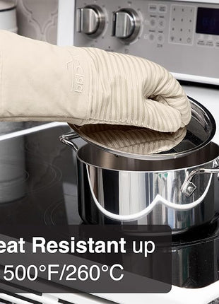 All-Clad Silicone Oven Mitts: Heat Resistant up to 500 Degrees - 100% Cotton & Silicone, 14"x7" Oven Mitt for Kitchen and Barbeque, 2-Pack, Almond
