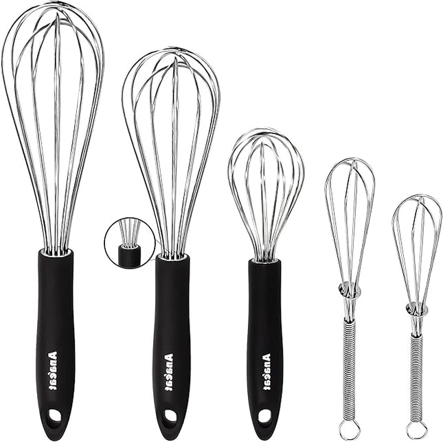Anaeat Stainless Steel Kitchen Whisk Set of 5, Milk and Egg Beater Blender with Thick Wire for Whisking, Cooking, Baking, Beating and Stirring - 5"+7" Mini Whisk and 8.5''+10.5''+12'' Balloon Whisks