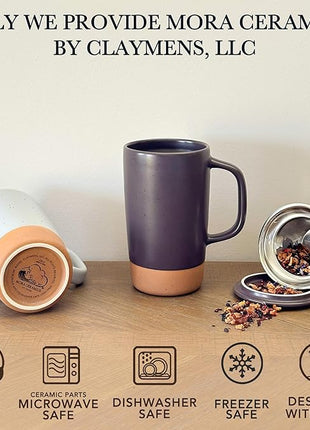 Mora Ceramics Large Tea Mug with Loose Leaf Infuser and Ceramic Lid, 18 oz, Portable, Microwave, Dishwasher Safe, Tall Coffee Cup - Rustic Matte Ceramic Glaze, Modern Herbal Tea Strainer, Nightwaves