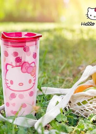 Silver Buffalo Sanrio Hello Kitty Strawberry Double Wall Travel Tumbler with Slide Close Lid, 20 Ounces
