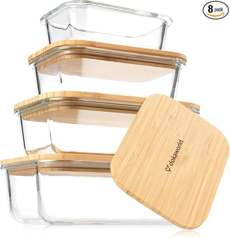Set of 4 Stackable Space-Saving Nesting Glass Containers with Airtight Bamboo Lids - Lunch, Meal & Food Prep - Microwave & Oven Safe BPA Free Durable Heat Resistant Inert Borosilicate Glass