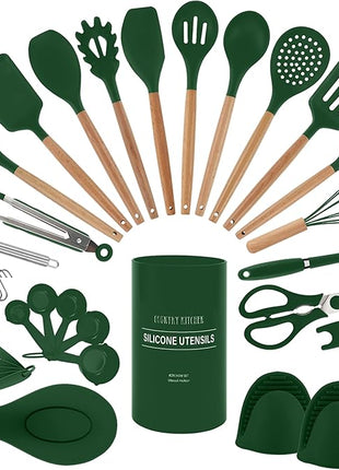 Country Kitchen Non Stick Silicone Utensil Set with Rounded Wood Handles for Cooking and Baking, 38 Piece Set, Green