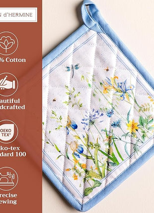 Maison d' Hermine Pot Holders 100% Cotton Heat Resistant Potholders 8" x 8" Hot Pads with Loop BBQ, Cooking, Baking, Grilling, Kitchen, Handling Hot Pans Spring/Summer (Pack of 1, Fleurs De Mai)