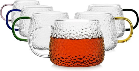 LUXU Hammered Tea Cups,Glass Coffee Mugs,Set of 6 Coffee Cups with Different Color Handles-15 oz,Prefect for Cappuccino,Latte,Water,Mocha,Milk,Widely Used for Cafes,Home and Office