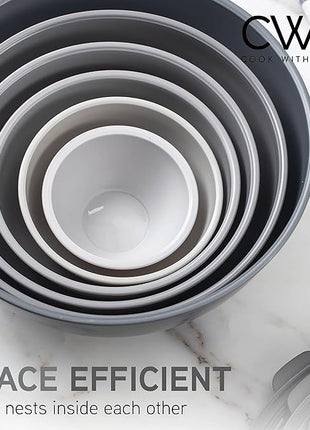 COOK WITH COLOR Mixing Bowls Set with TPR Lids - 12 Piece Plastic Nesting Bowls Set includes 6 Prep Bowls and 6 Lids, Microwave Safe (Grey)