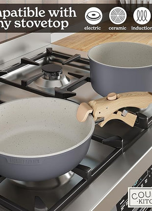 Country Kitchen Cookware Set with Removable Handle, Oven & RV Safe Pots and Pans Set, Grey/Ivory Wood Handle, Original