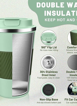 Insulated Coffee Tumblers with Flip Lid 12oz / 17oz, Stainless Steel Travel Coffee Mug Leak Proof, Vacuum Insulated Coffee Mug Reusable Cup, Keeps Cold and Hot for Coffee Tea