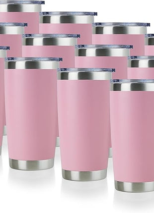 DOMICARE 20oz Stainless Steel Tumbler Bulk with Lid, Double Wall Vacuum Insulated Travel Mug, Powder Coated Coffee Cup,Pink, 12 Pack