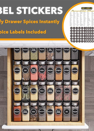 SpaceAid Spice Drawer Organizer with 32 Spice Jars, 386 Spice Labels, 4 Tier Seasoning Rack Tray Insert for Kitchen Drawers, 15" Wide x 17.5" Deep
