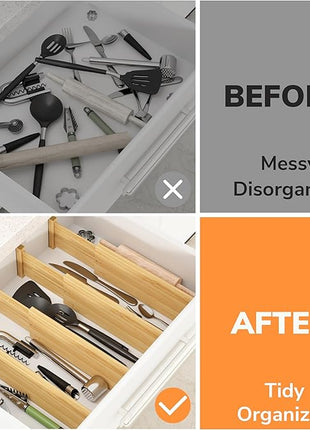 BAMEOS 4 PCS Bamboo Drawer Divider Adjustable Drawer Dividers Kitchen Drawer Organization Utensil Organizers for Kitchen Dresser Bathroom Bedroom and Office