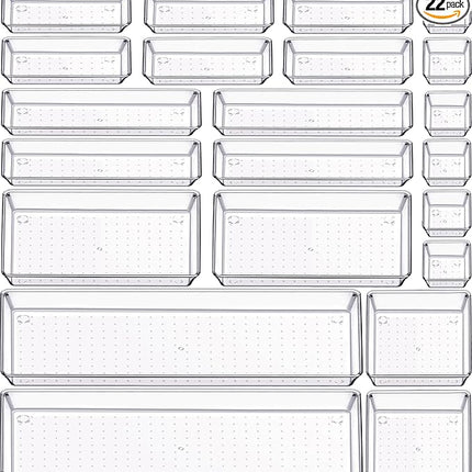 Criusia 22 Pcs Drawer Organizer Bins, Acrylic Non Slip Kitchen Drawer Organizers Storage Tray Divider, Multifunctional Storage for Cosmetics, Bathroom, Tools, Kitchen and Office