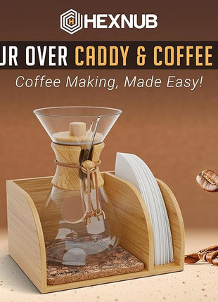 HEXNUB – Caddy and Lid for Pour Over Coffee Maker, Bamboo Stand fits Chemex, Bodum, Cosori Coffee Carafes, Heatproof Mat, Filter Holder for Drip Coffee Maker - Cork Mat