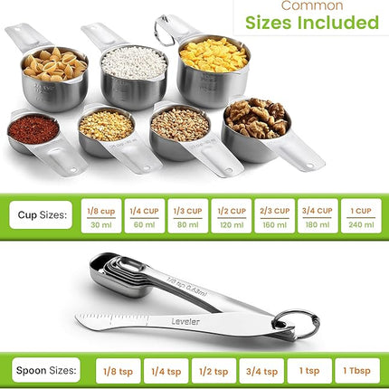 Spring Chef Stainless Steel Measuring Cups and Spoons Set of 14 with Leveler, Nesting Kitchen Metal Measuring Cups and Spoons Set for Dry and Liquid Ingredients, Perfect for Cooking & Baking