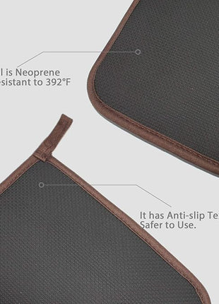 Cotton and Neoprene Oven Pads Pot Holders with Pocket 8"x8.5" Dual-Function Hot Pad Set for Finger Hand Wrist Protection Heat Resistant to 428°F Brown