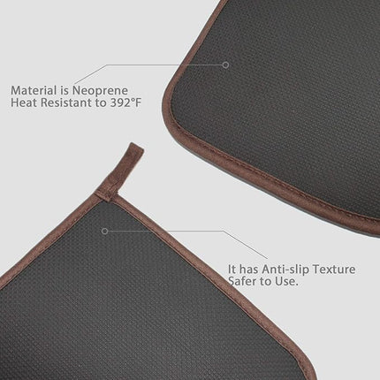 Cotton and Neoprene Oven Pads Pot Holders with Pocket 8"x8.5" Dual-Function Hot Pad Set for Finger Hand Wrist Protection Heat Resistant to 428°F Brown