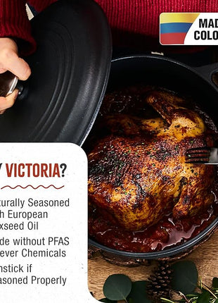 Victoria Cast Iron Large Dutch Oven with Lid and Dual Handles. 7 Quart Pot Seasoned with 100% Kosher Certified Non-GMO Flaxseed Oil